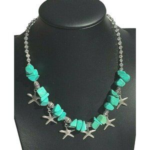 Handmade Turquoise Choker and Earring Set with Silver Tone Starfish Charms New